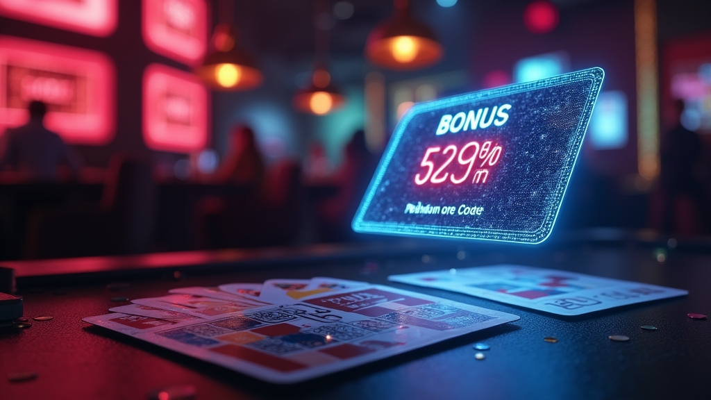 Tarjeta de bono y interfaz promocional en un casino iluminado