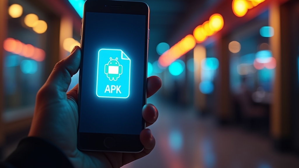 Teléfono Android con archivo APK de Vamoplay en un ambiente de casino oscuro
