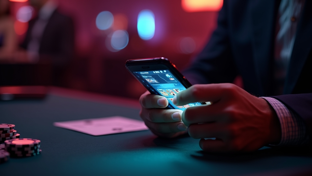 Teléfono con la app de Vamoplay en una mesa de casino oscura